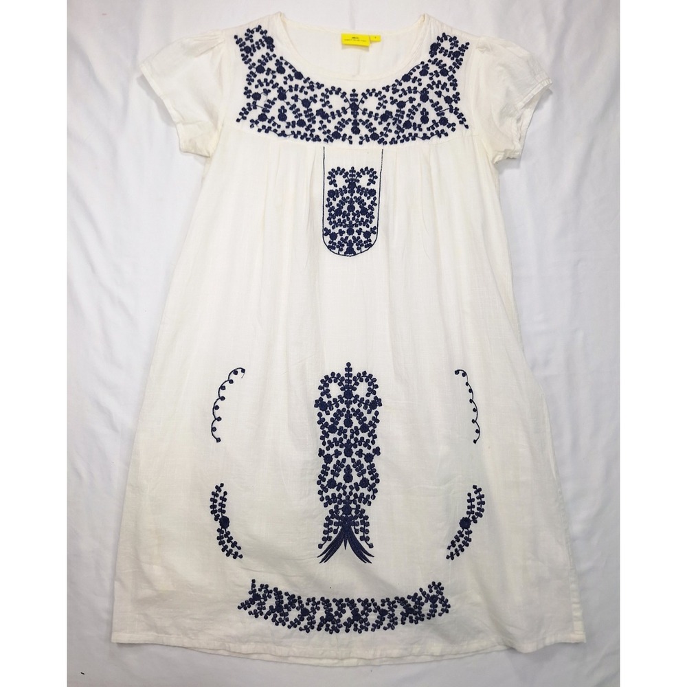Roberta Roller Rabbit Girls White Cotton‎ Embroidered Dress Navy Blue Size S